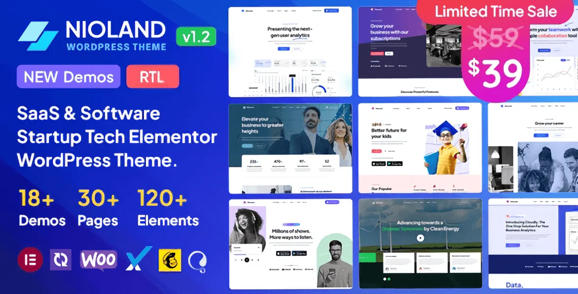 Nioland SaaS WordPress theme for tech startups built with Elementor