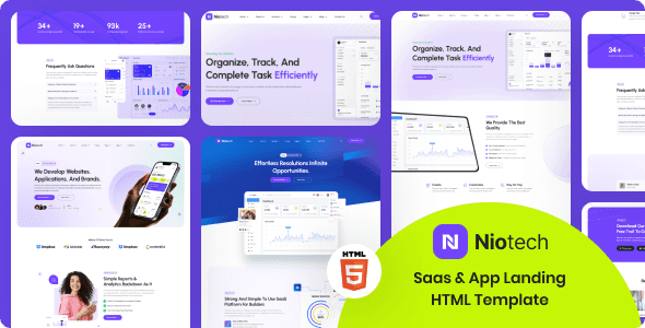 Niotech SaaS landing page template preview showing modern responsive design layouts