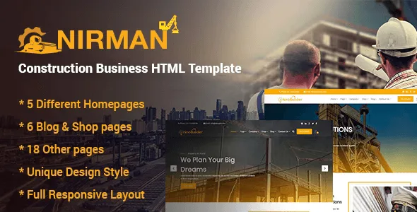 Nirman construction HTML template homepage layout with parallax effects and creative sliders