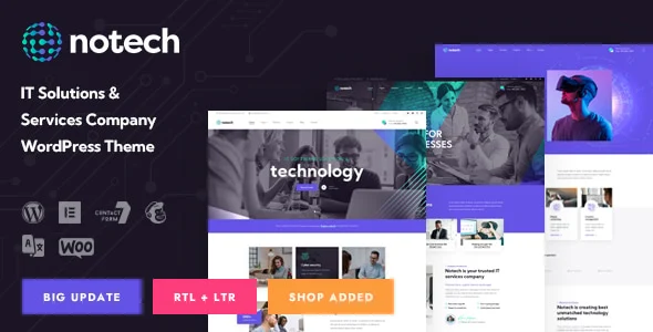 Notech WordPress theme homepage preview showing IT services layout with service cards, client logos, and contact section