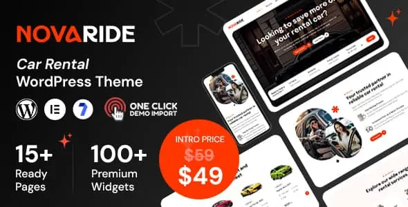 Novaride car rental WordPress theme homepage preview showcasing vehicle inventory layout