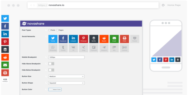Novashare lightweight WordPress social sharing plugin interface showing share buttons and settings