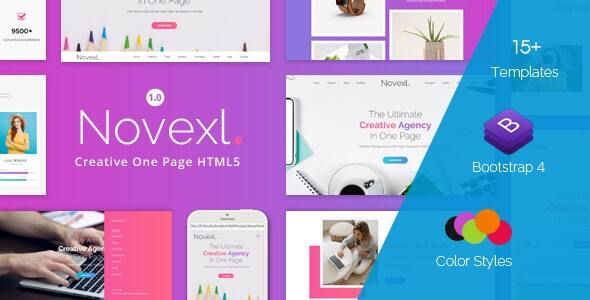 Novexl creative one page HTML template preview showing responsive Bootstrap 4 layout for agencies and startups