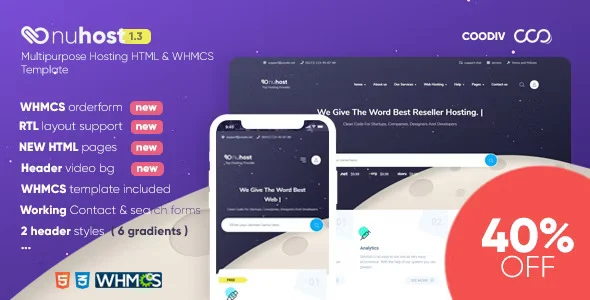 Nuhost multipurpose WHMCS hosting template homepage preview on desktop and mobile