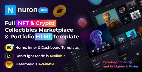Nuron NFT marketplace HTML template preview showing a modern digital marketplace layout