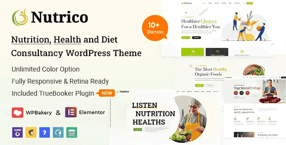 Nutrico nutrition and health WordPress theme homepage preview with modern colorful design