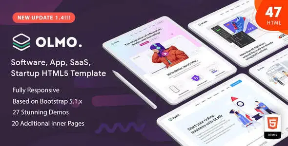 OLMO Software and SaaS HTML5 template preview showcasing responsive demo layouts