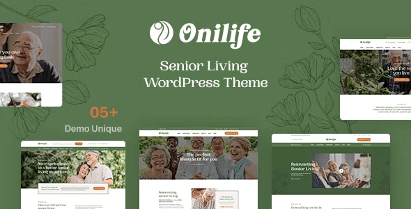Onilife senior living WordPress theme homepage preview showing Elementor editor interface