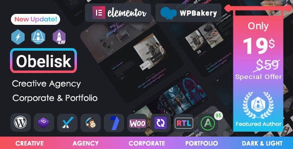 Obelisk creative agency WordPress theme portfolio homepage preview