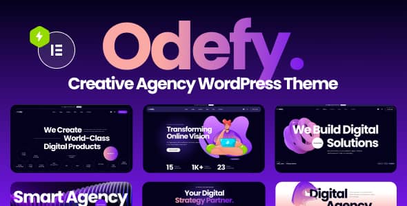 Odefy multipurpose WordPress theme dashboard showing Elementor editor with drag-and-drop header builder and extended modules