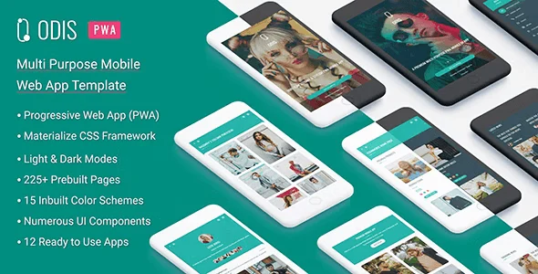 Odis PWA mobile app template preview showing 13 pre-built HTML5 app designs built with Materialize Framework