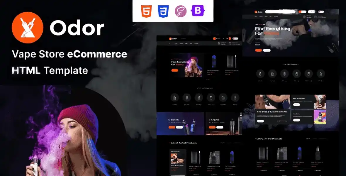 Odor vape store WooCommerce HTML template preview with Elementor PRO