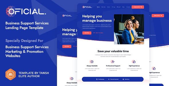Official business support services HTML landing page template preview