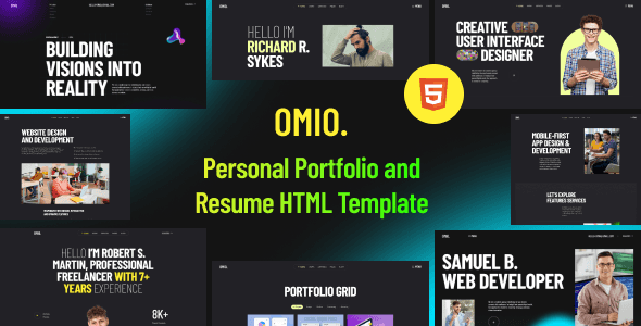 Omio modern personal portfolio HTML template preview showing responsive design