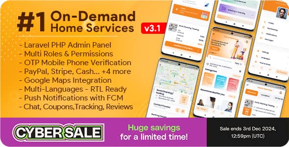 On-demand home services app interface showing handyman booking platform with service listings and admin dashboard