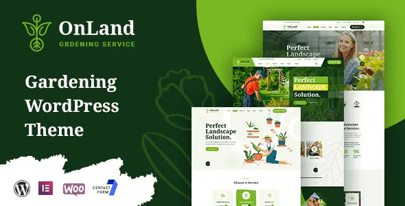 OnLand gardening WordPress theme homepage showing landscaping services layout with project portfolio and contact section
