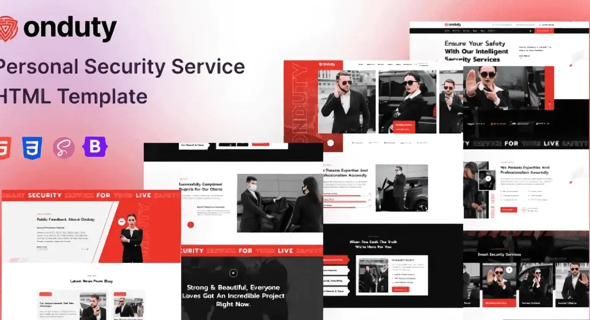 Onduty security service HTML template preview showing modern design for security agencies