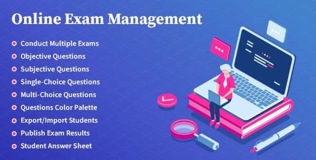 WordPress Exam Management Plugin dashboard showing exam creation, question types, and student results