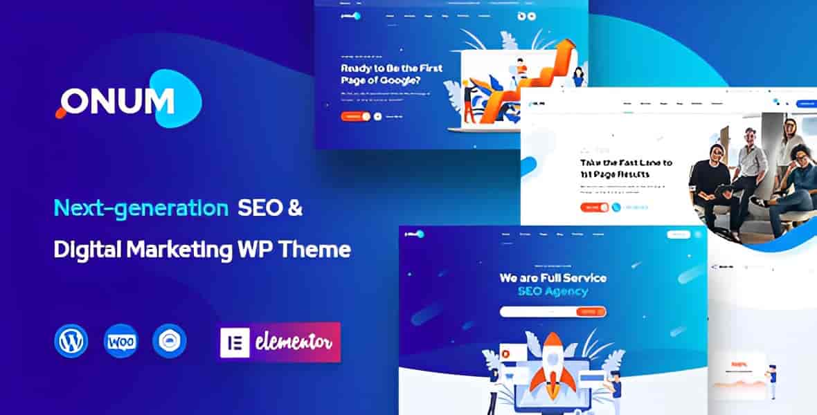 Onum SEO and Marketing WordPress theme homepage layout with Elementor page builder