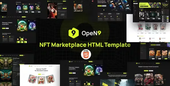 Open9 NFT marketplace HTML template preview showing homepage layout for digital art and crypto collectibles trading