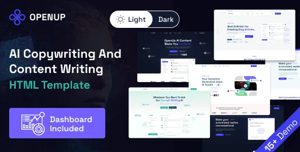 Openup AI content creation HTML template with dashboard and multiple homepage layouts
