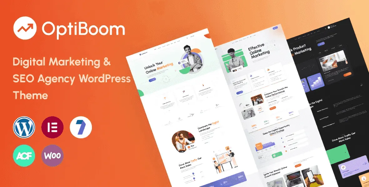OptiBoom WordPress theme homepage showing agency service layout with case studies and team sections in Elementor editor