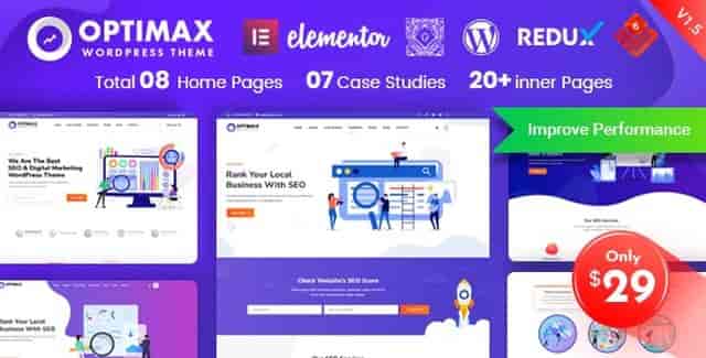 Optimax WordPress theme homepage preview showing clean agency layout with service cards, case study slider, and team section