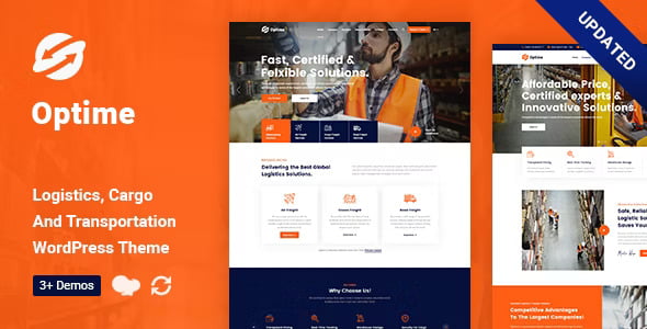 Optime logistics WordPress theme dashboard showing freight and transportation website layouts