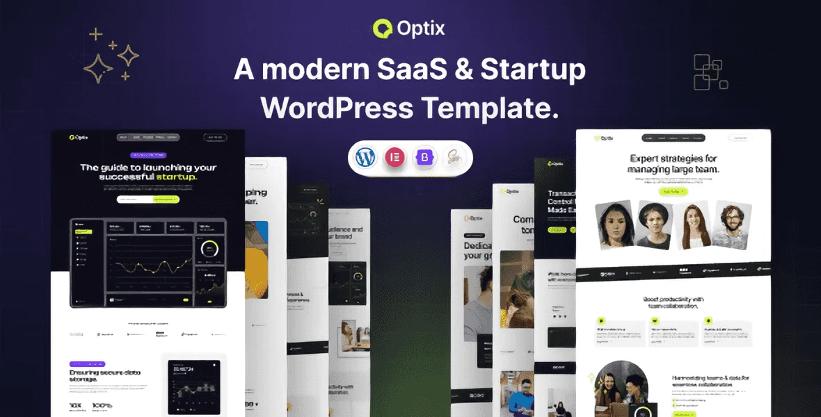 Optix SaaS WordPress theme homepage preview showing modern tech startup design
