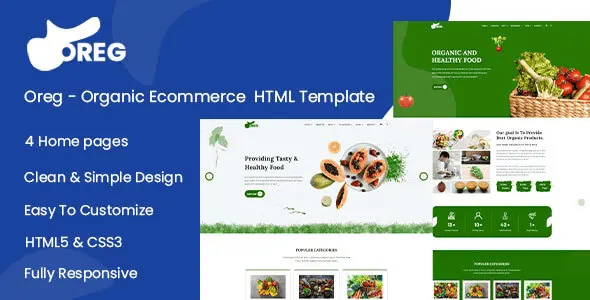 Oreg organic shop HTML template preview showing Bootstrap 5 responsive food store layout