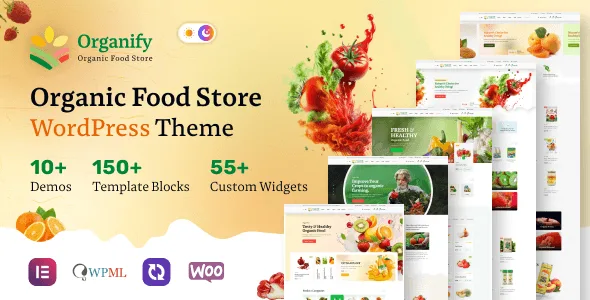 Organify organic food WordPress theme demo preview showcasing a modern responsive design for natural food stores