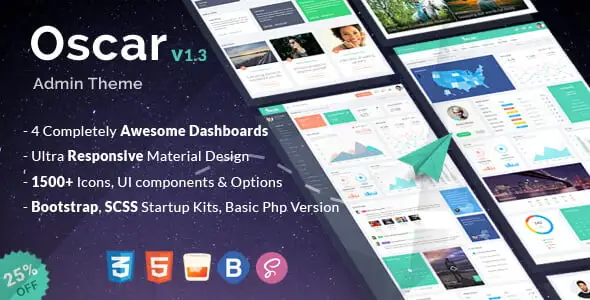 Oscar Bootstrap 4 admin template interface with responsive layout, UI components, and dashboard panels