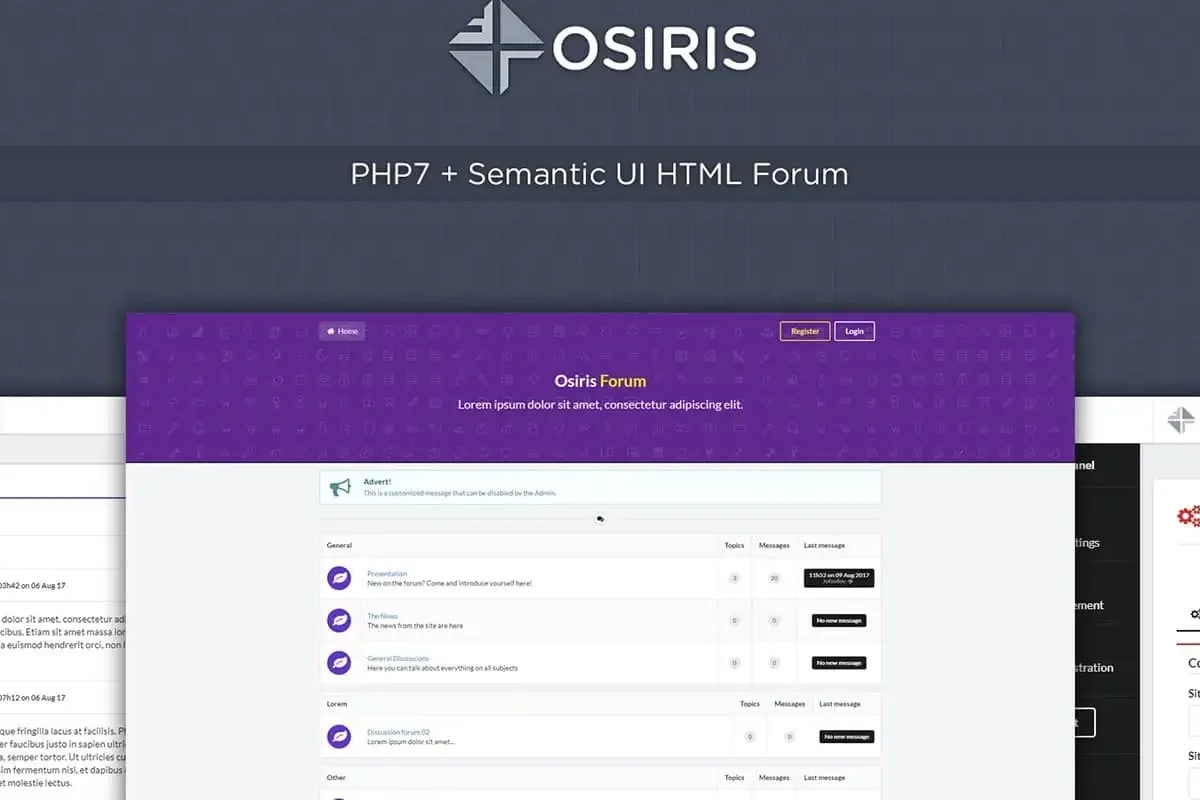 Osiris PHP forum script interface showing admin panel and community features