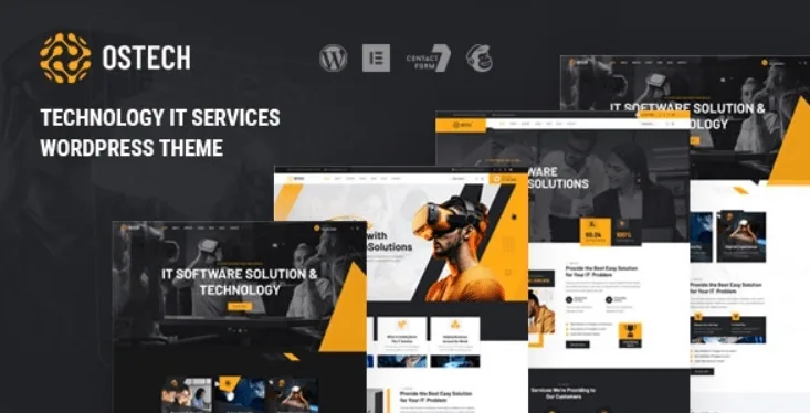 Ostech WordPress theme homepage preview showing modern tech-focused design with service sections and responsive layout