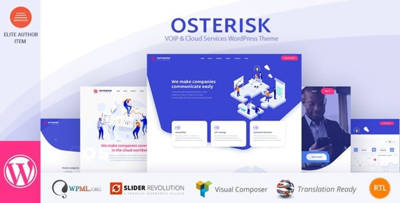 Osterisk VoIP and cloud services WordPress theme preview on desktop and mobile devices