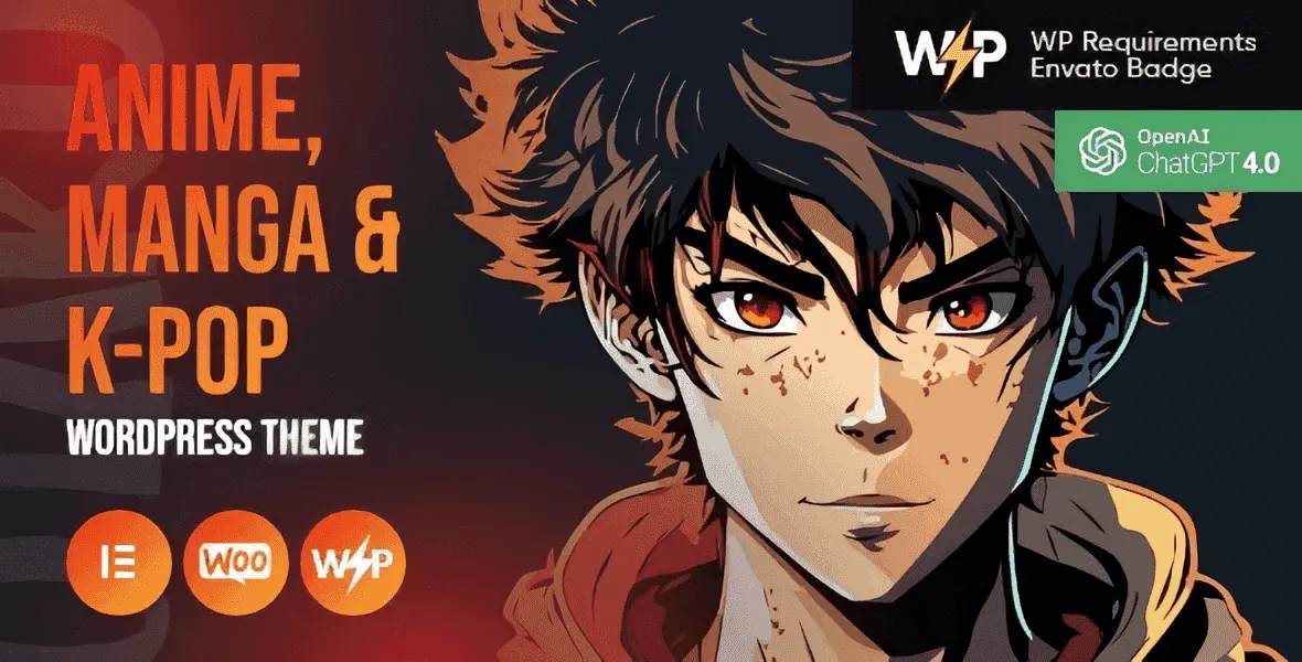 Otaku anime WordPress theme homepage preview showing Elementor editor and multiple layout options