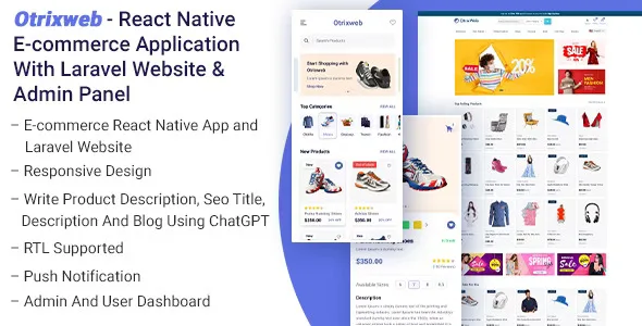 Otrixweb React Native ecommerce app with Laravel PHP website and admin panel dashboard