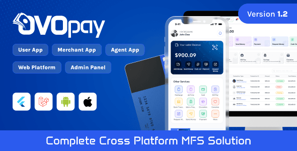 OvoPay cross platform MFS solution interface showing user, agent, and merchant apps