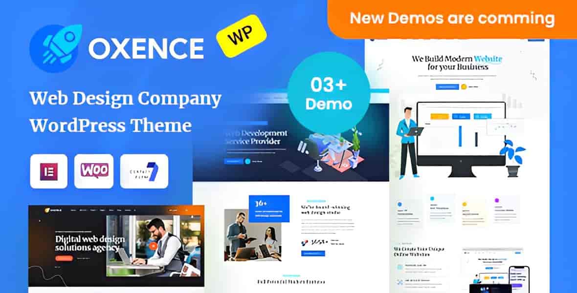 Oxence web design agency WordPress theme homepage demo layout with Elementor