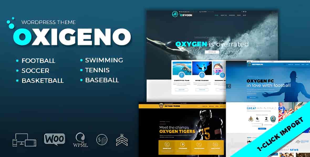 Oxigeno sports club and team WordPress theme preview showcasing responsive design layout