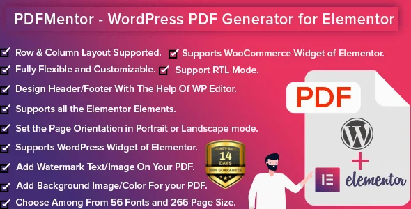 PDFMentor Pro Elementor PDF generator plugin interface showing website-to-PDF conversion