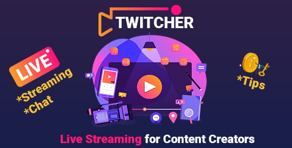 PHP Twitcher admin dashboard showing live streaming platform with token economy, creator tools, and real-time chat