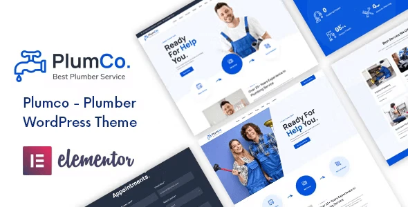 Plumco plumber WordPress theme preview showing responsive layout with service sections and contact form