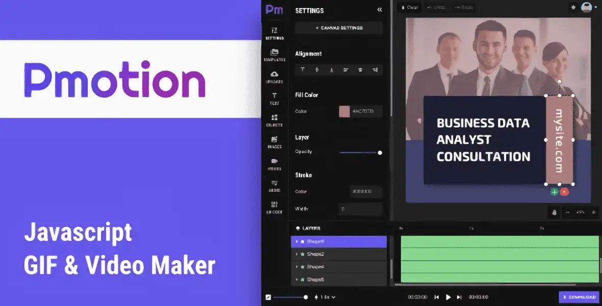 Pmotion JavaScript animation editor interface showing timeline, layers panel, and canvas preview