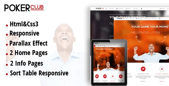 Poker Club responsive HTML template preview with flat design and parallax effects