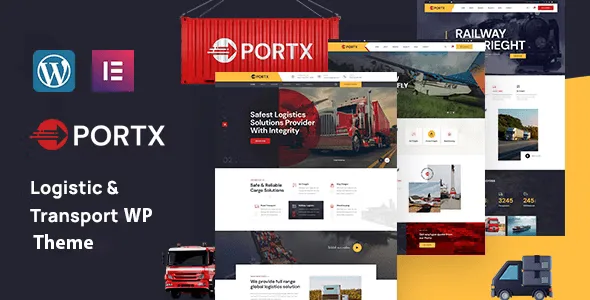 Portx WordPress theme homepage demo showing logistics transportation layout with service grid and fleet showcase