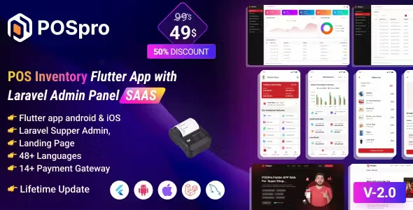 POSpro SaaS POS system dashboard showing Flutter mobile app interface and Laravel admin panel with inventory, sales, and analytics views