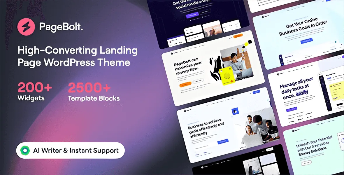 PageBolt landing page WordPress theme for Elementor with modern layouts and one-click demo import