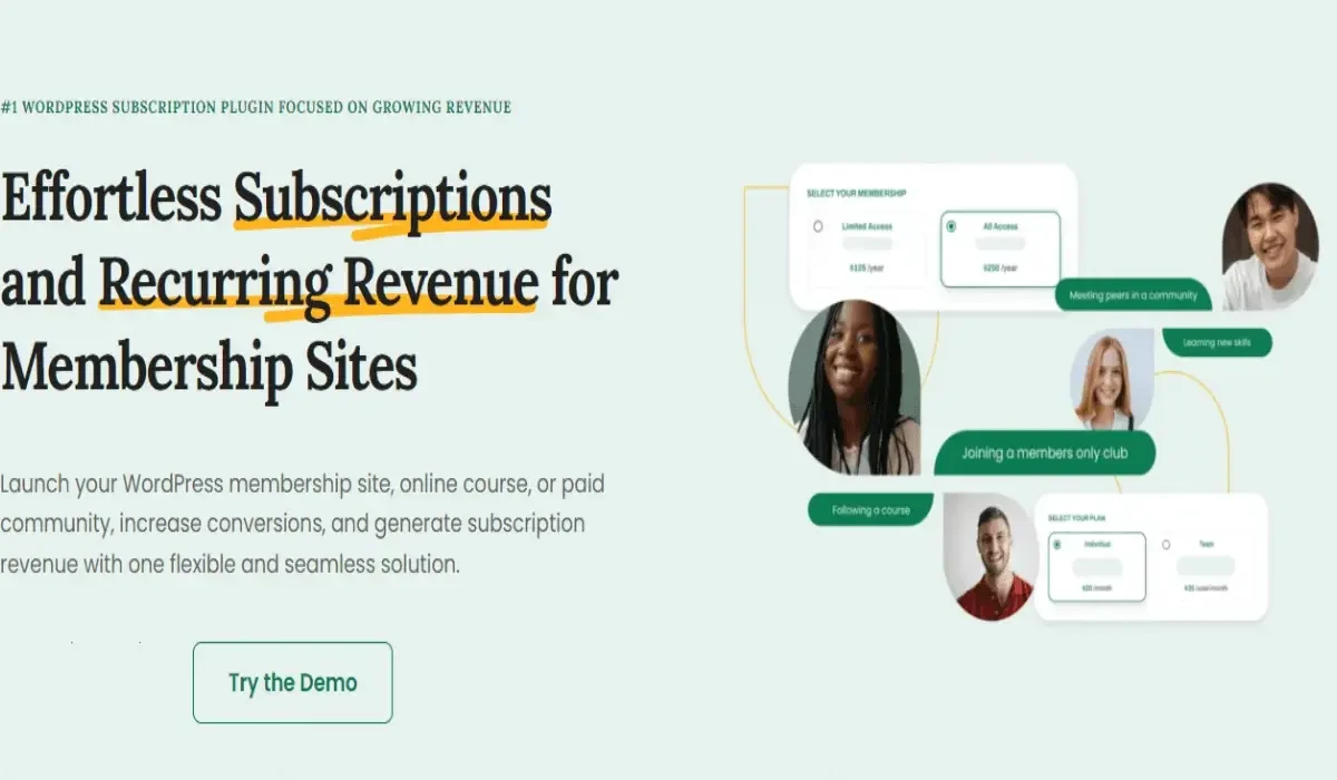 Paid Member Subscriptions Pro WordPress plugin dashboard showing membership plans and content restriction settings