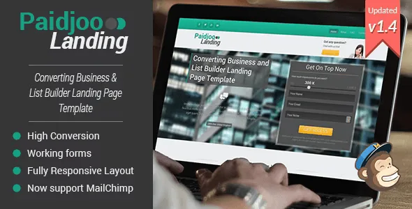 Paidjoo business and list builder landing page HTML template with responsive Bootstrap layout and MailChimp integration